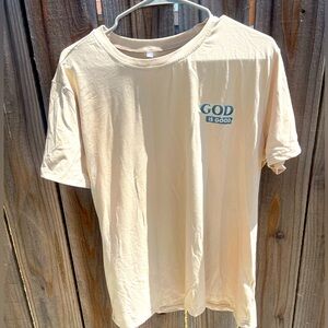 “GOD is good: ALl the Time”. Off white/cream m/tan t-shirt.